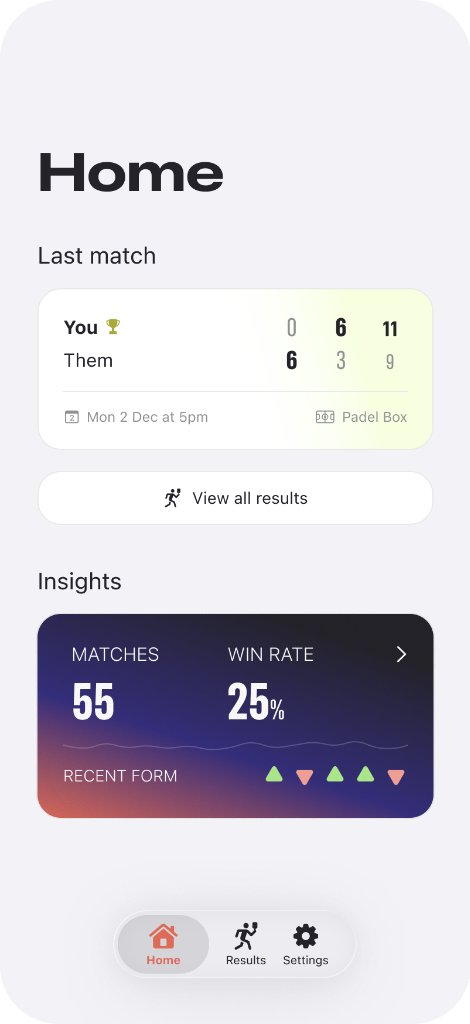 Padel Pointer home screen showing match history and insights