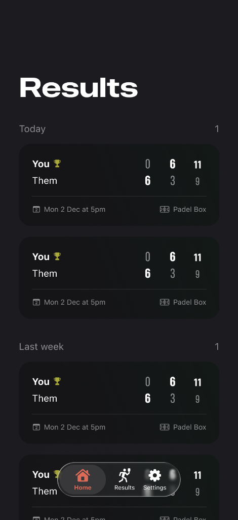 Padel Pointer results and match history on iPhone