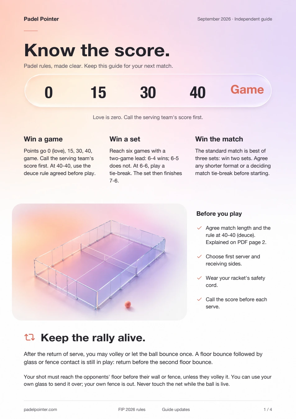 First page of the actual PDF: score sequence, game and set rules, a glass court illustration and a pre-match checklist.