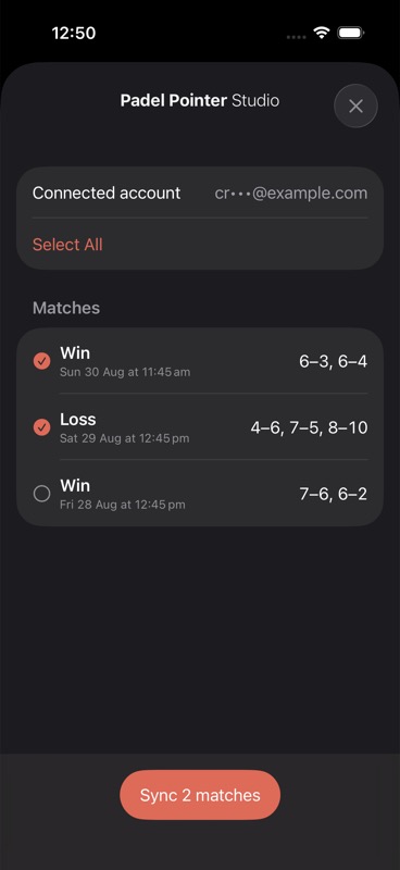 Studio match selection screen in Padel Pointer on iPhone