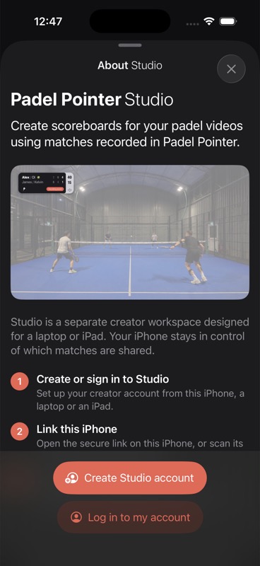 About Studio screen in Padel Pointer on iPhone