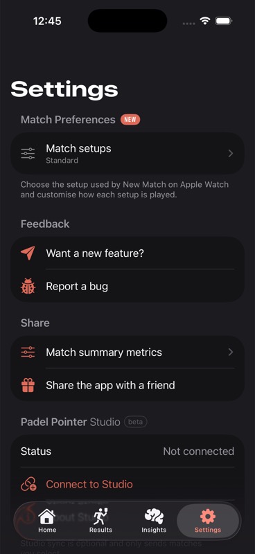 Studio connection section in Padel Pointer Settings on iPhone