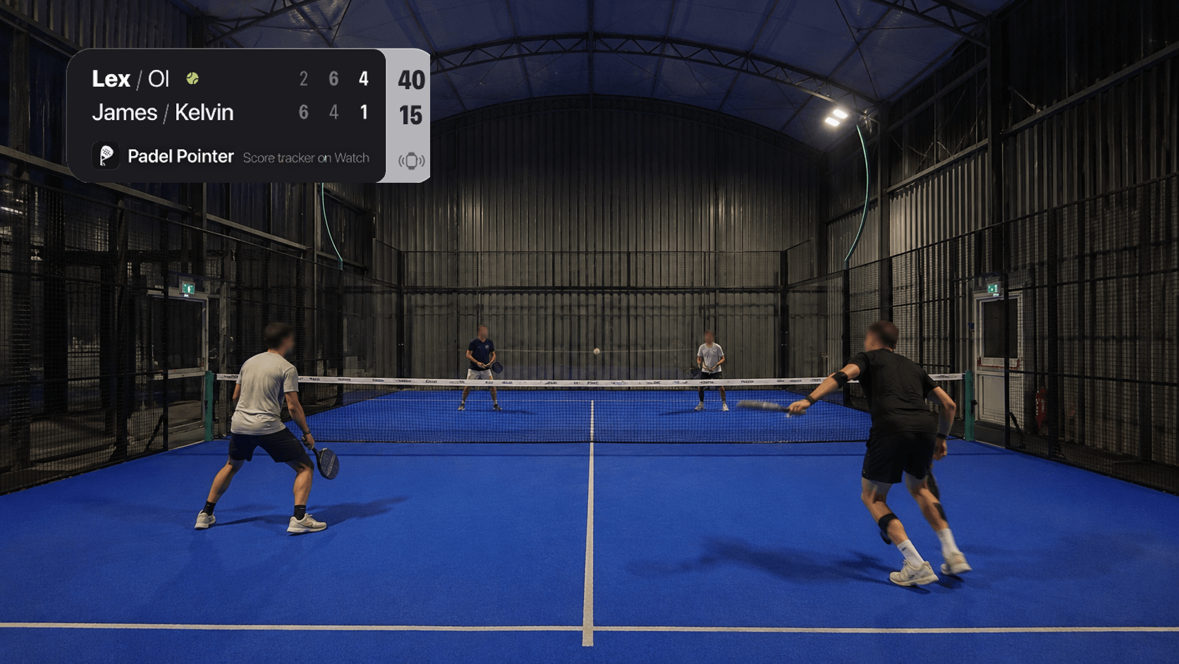 Padel match video with a Padel Pointer Studio scoreboard in the top-left corner