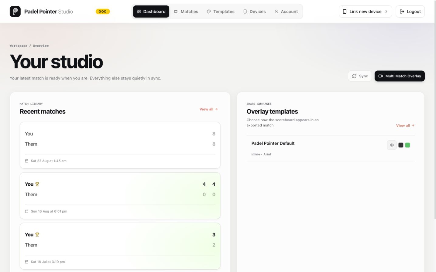 Recent synced matches on the Padel Pointer Studio dashboard