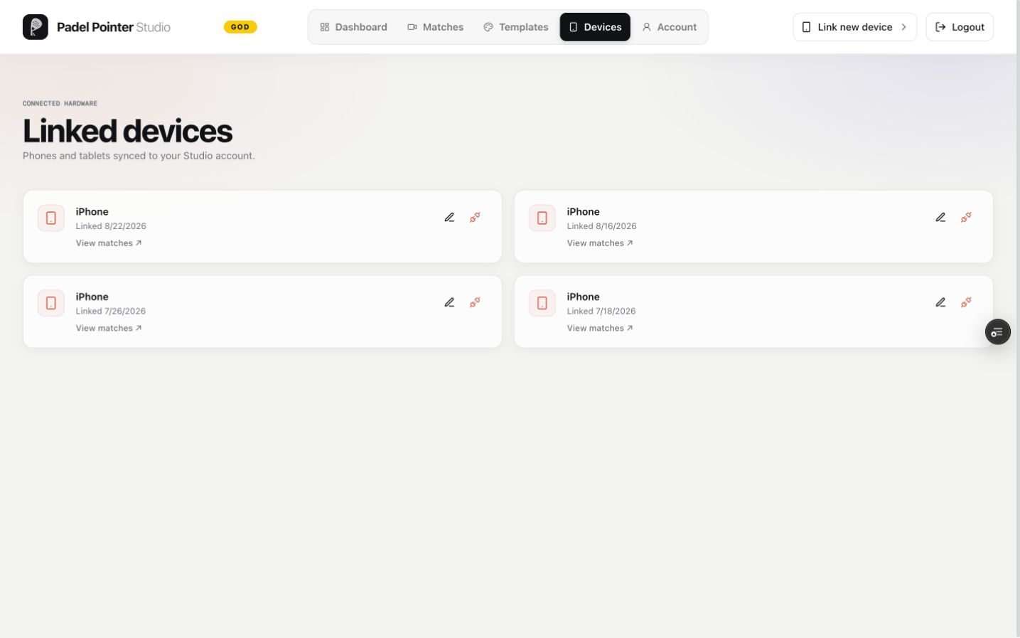 Linked devices page in Padel Pointer Studio