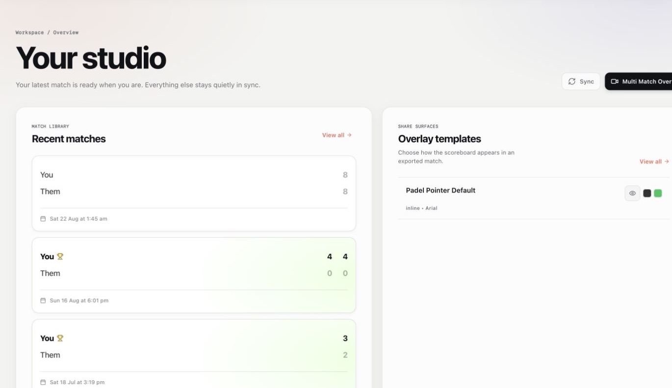 Padel Pointer Studio workspace showing recent matches and scoreboard templates