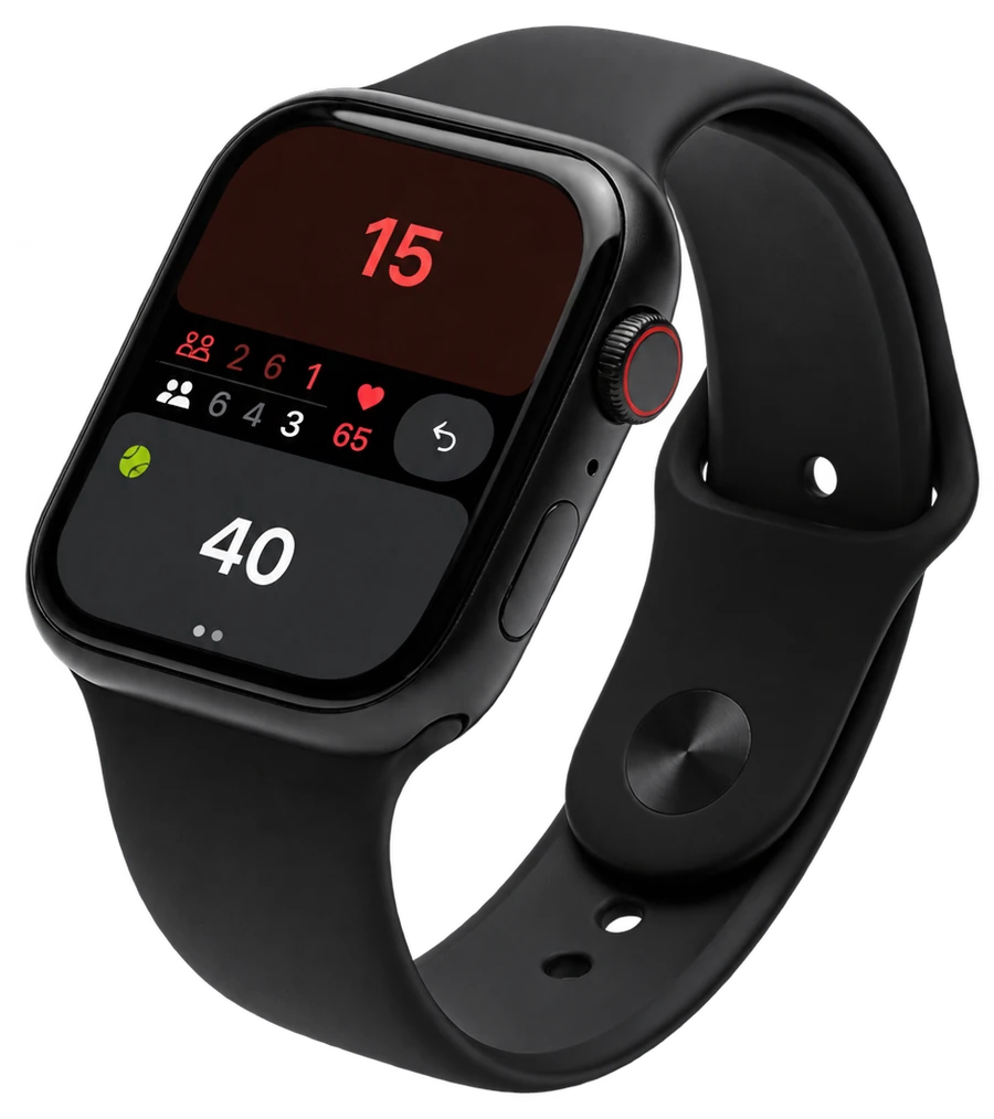 Padel Pointer scorekeeping on a black Apple Watch